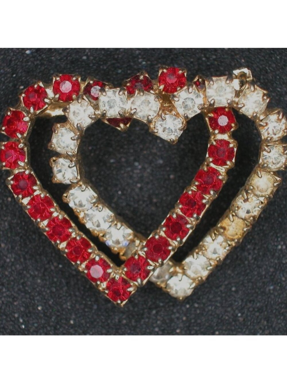 Vintage Double Heart Rhinestone Brooch Pin Red & Clear Crystals